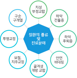 질환의 종류 및 진료 분야 - 치성 부정교합,하악 전돌증,하악 후퇴증,안면비대칭,골격성 개방 교합,보철,치주교정,투명교정,구순구개열